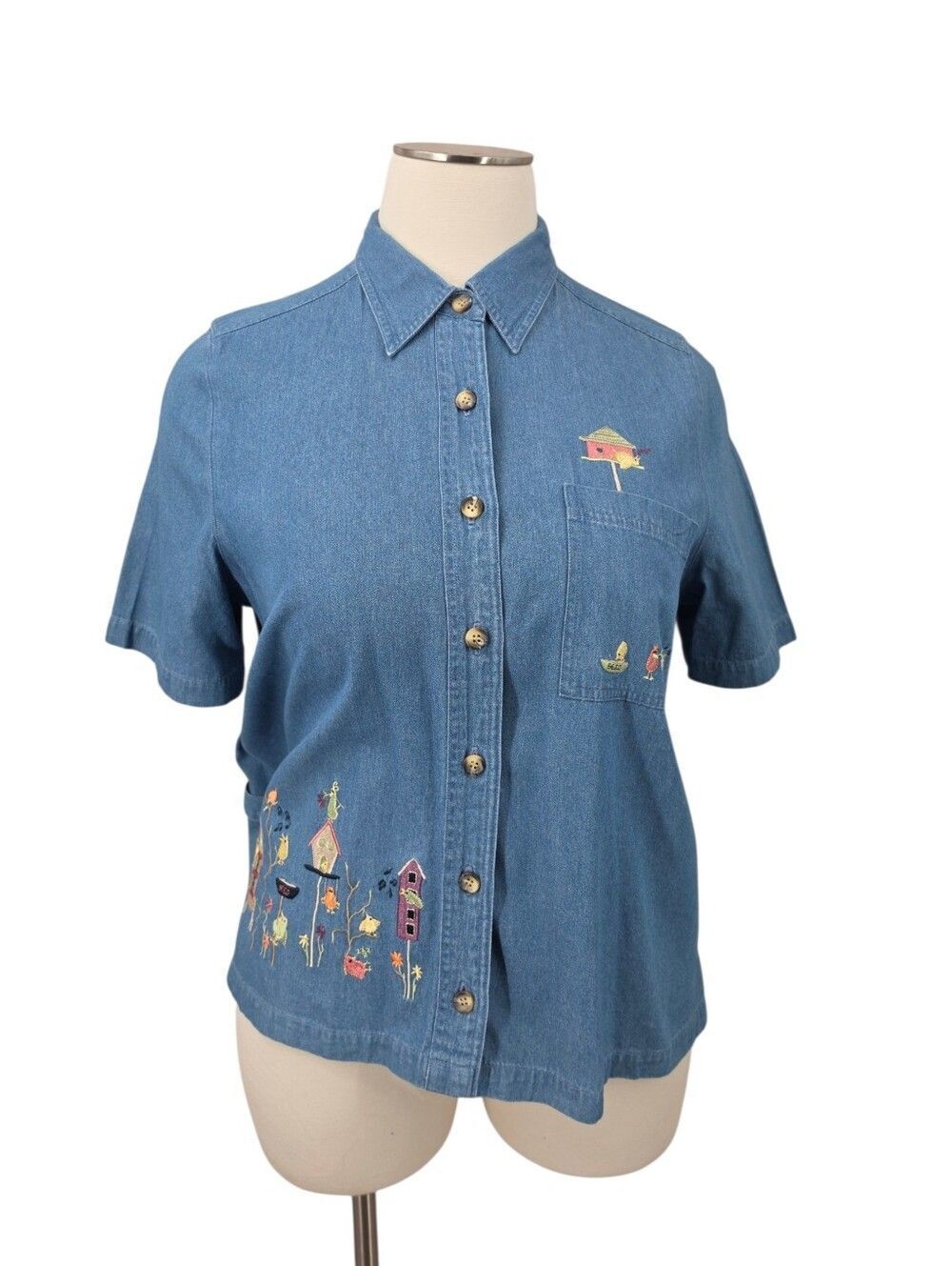 Blue Jean Denim Short Sleeve Button-Up Shirt with Embroidered Birdhouses